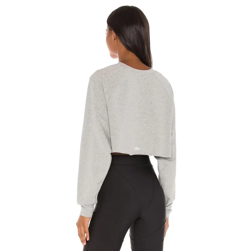Alo Yoga Double Take Crop Raw Hem Crew Pullover Sweatshirt Dove Grey Heather M